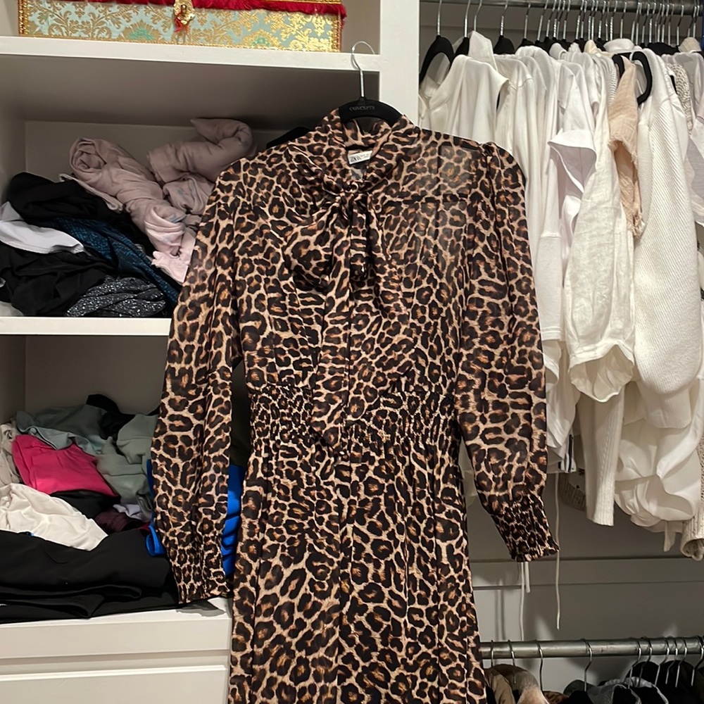 ZARA tie front animal print midi with black slip